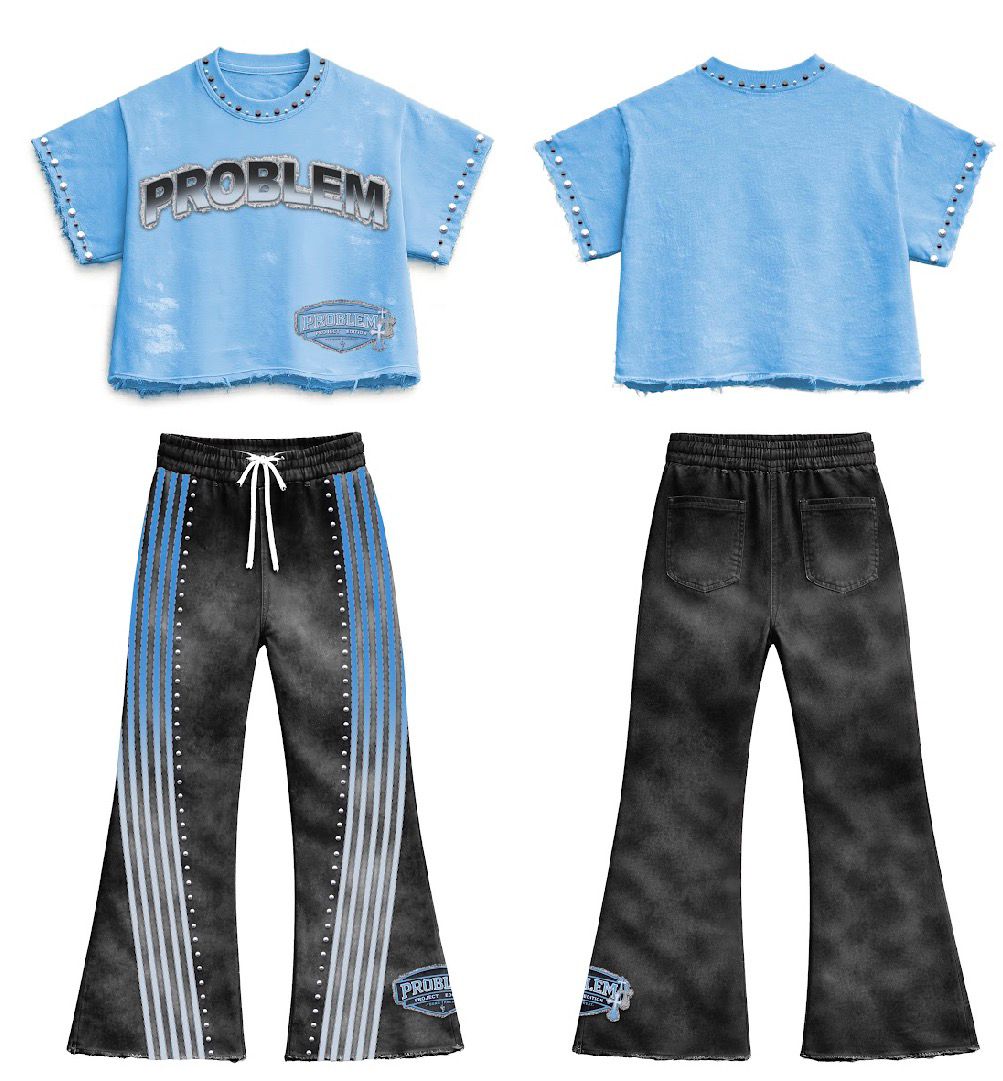 Blue PROBLEM shirt with black and blue striped flare pants, front and back
