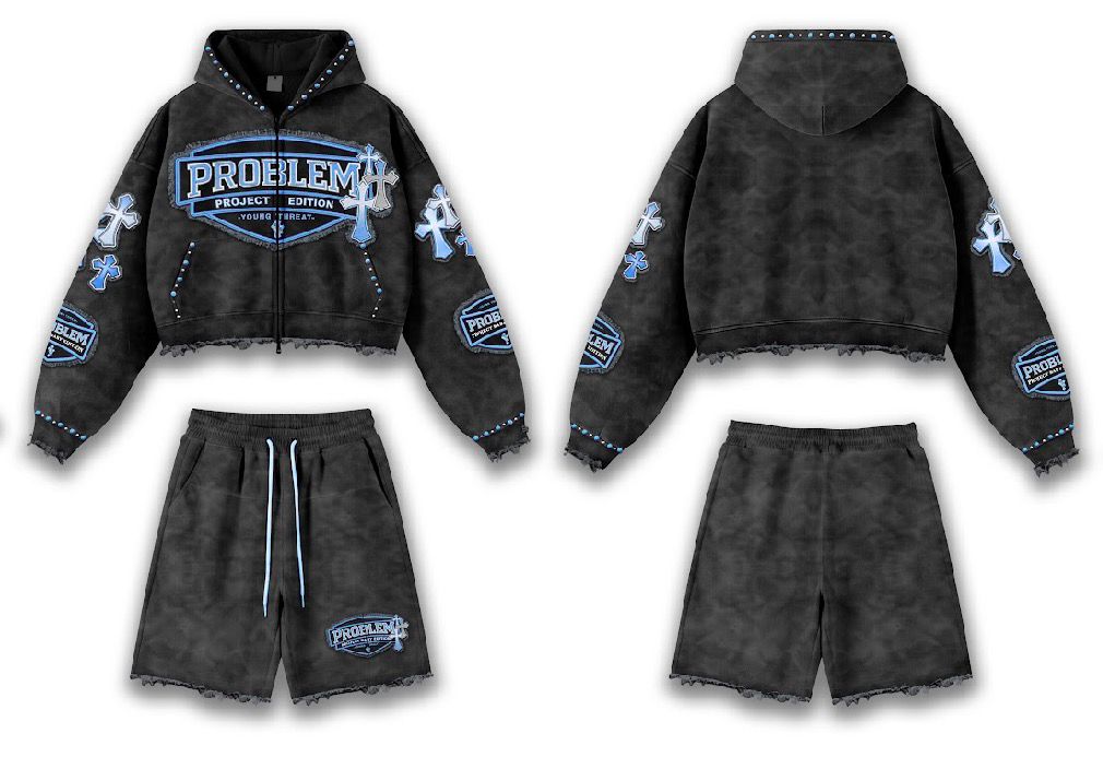 Black PROBLEM zip hoodie with blue lettering and matching shorts, front and back