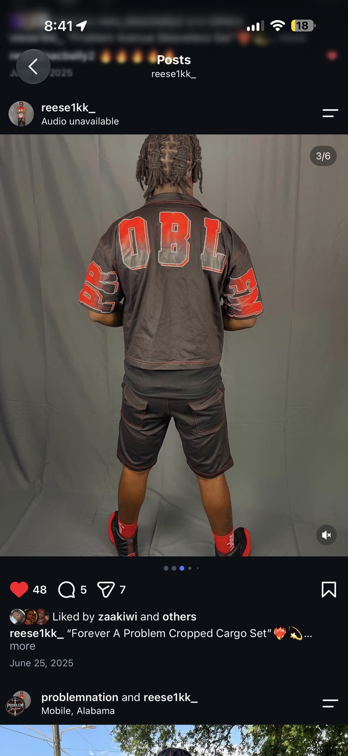 Black and red Forever A Problem cargo set, back with OBL lettering