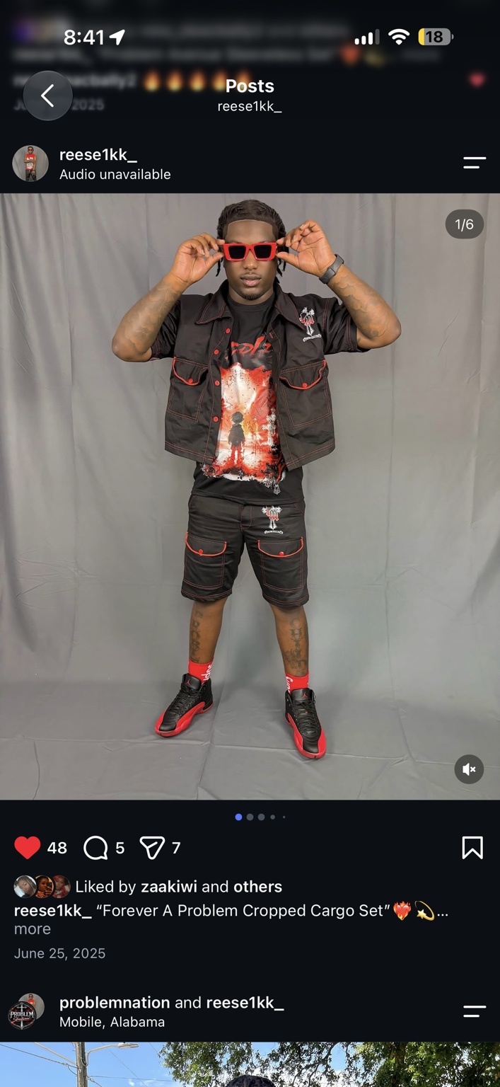 Black and red Forever A Problem cargo set, front