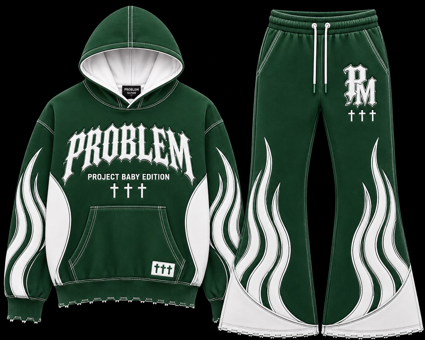 Green and white PROBLEM Project Baby Edition hoodie with matching flared pants design