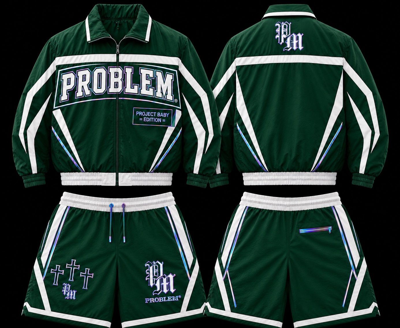 Green and white PROBLEM Project Baby Edition windbreaker jacket and shorts, front and back
