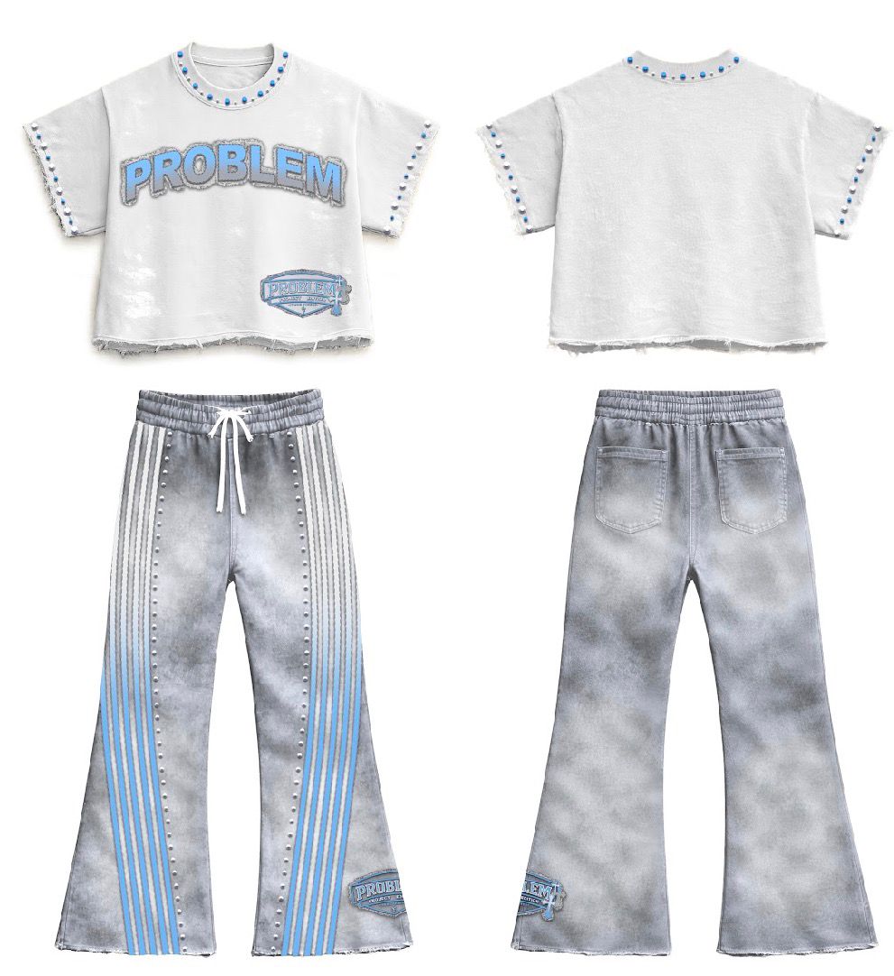 White and icy blue PROBLEM shirt with grey striped flare pants, front and back