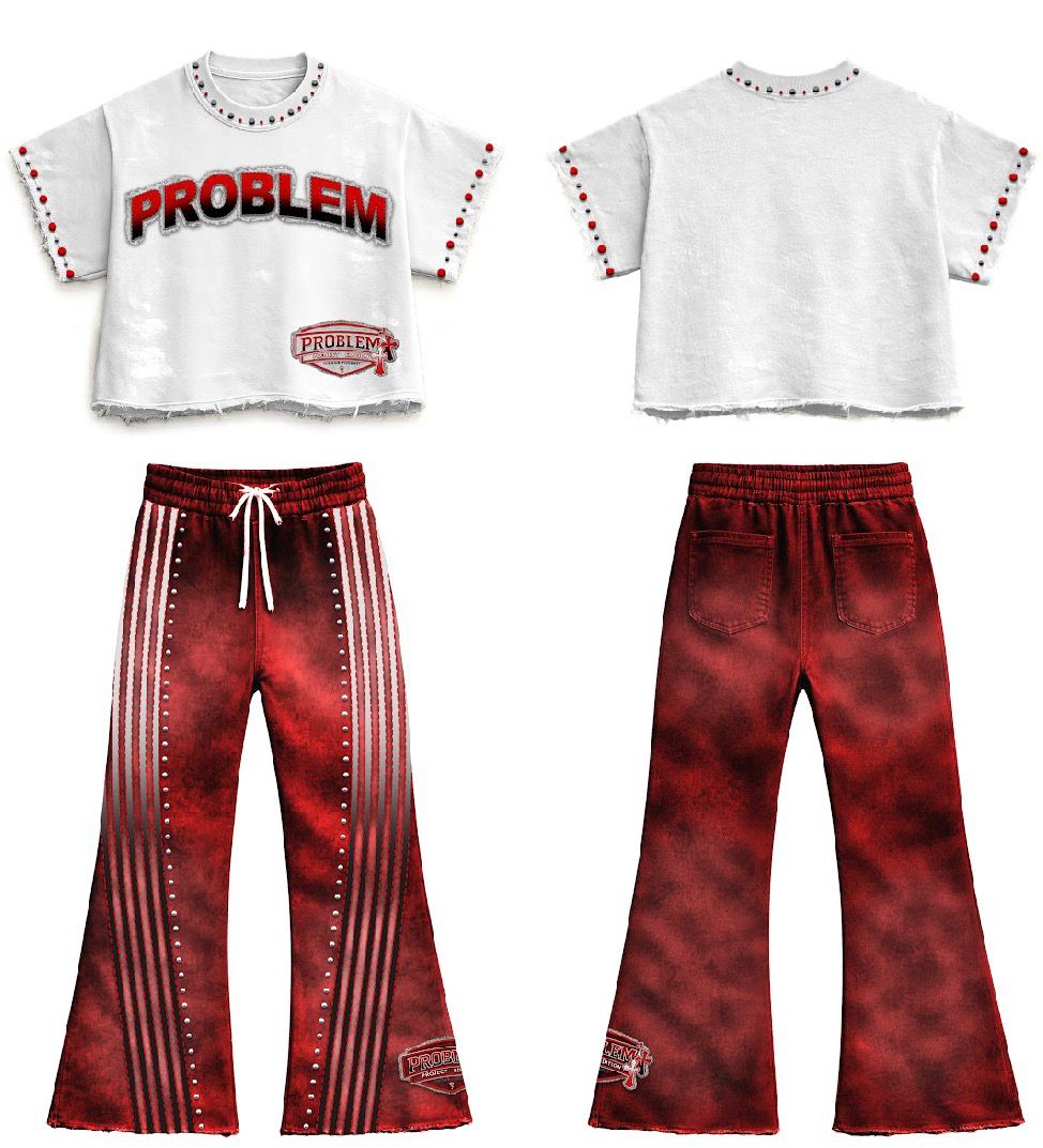 White and red PROBLEM shirt with red striped flare pants, front and back