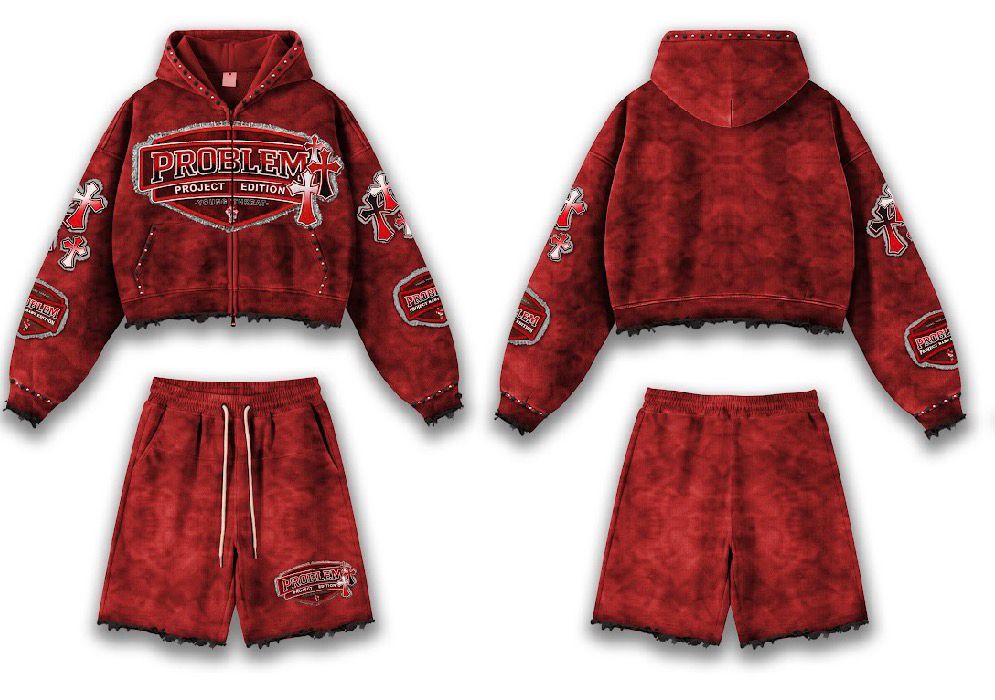 Red and black PROBLEM zip hoodie and shorts design, front and back