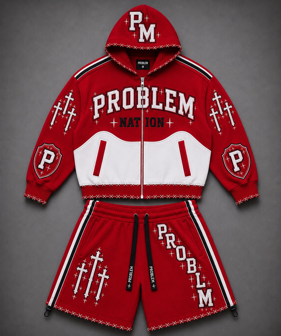 Red and white PROBLEM Nation zip hoodie and matching shorts design